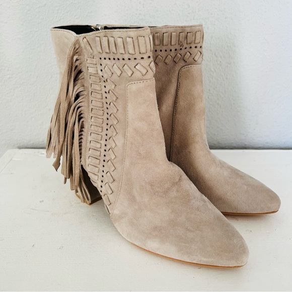 Rebecca Minkoff Ilan Suede Fringe Nude Tan Bootie 8.5 - Picture 2 of 11